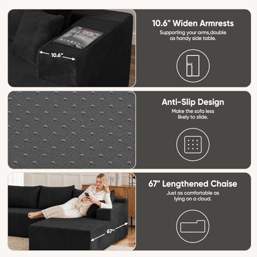 Image of Boneless Couch, 102.4 inch Sectional Couches for Living Room with L Shape Sofa | Cloud Couch Sectional with Chaise, Modular Cloud Sofa with Deep Seat, No Assembly, Black, Corduroy, Right Chaise