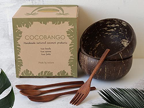 COCOBANGOÂ® Coconut Bowls with Spoons and Forks: Vegan, Organic, 100% natural Coconut Bowls, Smoothie bowls, Wooden Bowls for Food, Wooden Fruit Bowls, Acai Bowls (Set of 2)