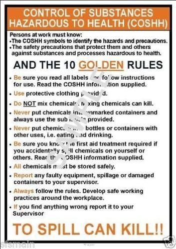 COSHH TEN GOLDEN RULES LAMINATED A4 POSTER WORKPLACE OFFICE FACTORY