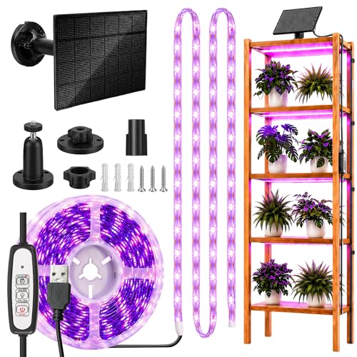 Lazukes Solar Grow Light Strip for Indoor Outdoor Plants 16.4FT Full Spectrum Plant Growing Lights with Timer IP65 Waterproof Lighting with Long Power Cord for Greenhouse/Balcony/Patio/Plant Stand