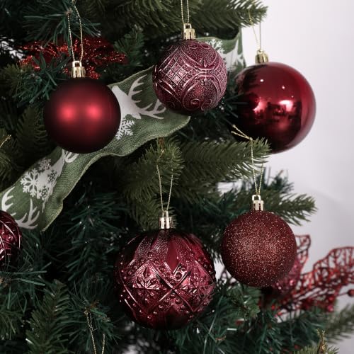 SZVRL Christmas Balls Ornaments -36pcs Shatterproof Christmas Tree Decorations with Hanging Loops for Xmas Tree, Holiday Party, Wedding & Indoor Home Decor,6 Styles in 3 Sizes (Burgundy) - image 3