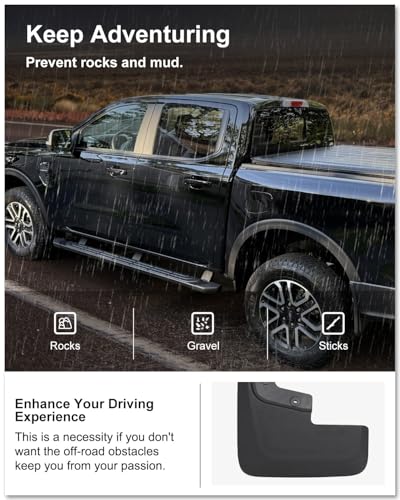 Image of Kiwi Master Mud Flaps for 2024-2026 Ford Ranger (Not Fits Raptor), OEM Replacement # R1WZ-16A550-AA R1WZ-16A550-BA, Heavy Duty Mud Guards, Front & Rear Splash Guards, No Drill, 4 Pcs Set