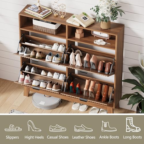 Image of Shoe Cabinet Storage for Entryway with 4 Flip Drawers, Fluted Narrow Shoe Organizer with Wooden Legs & Top Cubby, Freestanding Slim Shoe Storage Hidden Shoe Rack for Front Door Entrance, Walnut