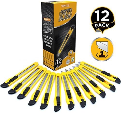 Tape King Utility Knife Box Cutter Razor Set (12-Pack, 9mm Blade Cutters) - Retractable, Lightweight, Compact, Extended Use for Office, Home, Arts, Crafts, Hobby for Cutting Boxes, Cartons, Cardboard