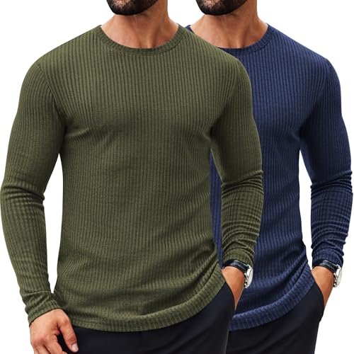 COOFANDY Men's 2 Pack T-Shirt Long Sleeve Ribbed Slim Fitted Tee Shirts Casual Crewneck Sweater