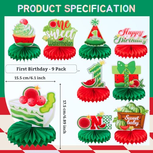 Image of 9pcs Watermelon First Birthday Honeycomb Centerpieces Sweet One Watermelon Party Table Decorations One in a Melon Tabletop Centerpieces for Baby Shower 1st Birthday Table Topper Sign Decorations
