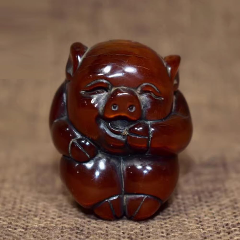 Yuanbao Pig Horn Carving, Yak Horn Carving, Chinese Zodiac Pig Handle Carving, Cultural and Antique