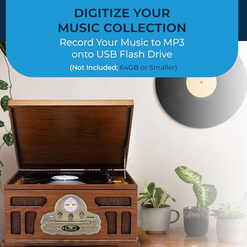 SoundBeast All-in-One Turntable with 3-Speed Record Player, Bluetooth, CD, Cassette Tape, AM/FM Radio, USB, Built-in Speakers, Handmade Wooden Exterior
