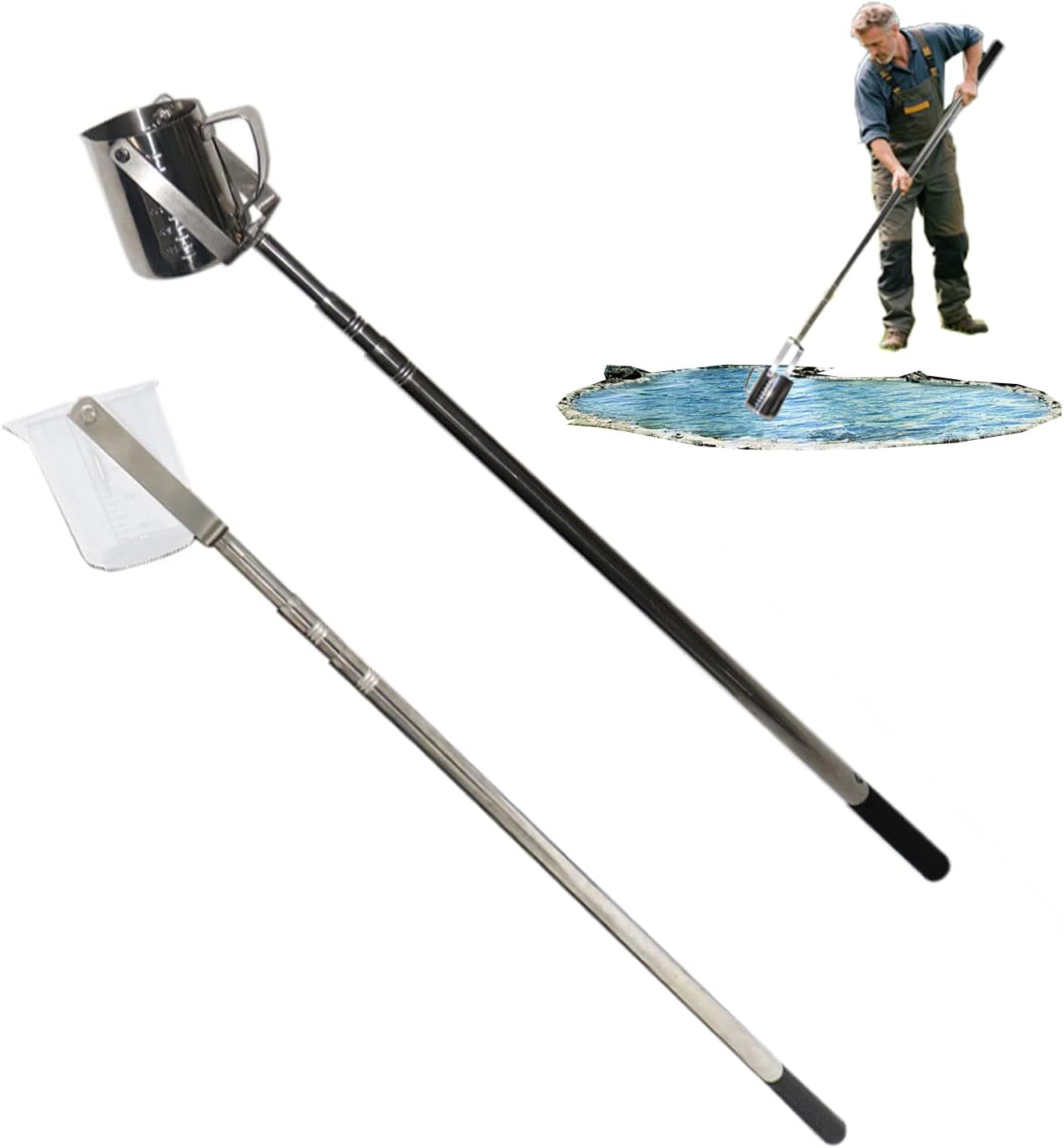 Telescopic Stainless Steel Water Sampling Pole, 1.9ft - 23ft Extendable Collection Rod with 500ml/1000ml Water Sampler Dipper for Water Testing, for Lab Sampling, Environmental Monitoring
