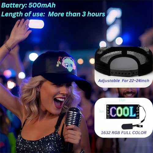 LED Hats, LED Display Screen Baseball Caps with Programmable Scrolling Message, Bluetooth APP Control, Custom Text, Patterns & Animations Hat - Perfect for Christmas and Halloween Parties & Raves - Image 7