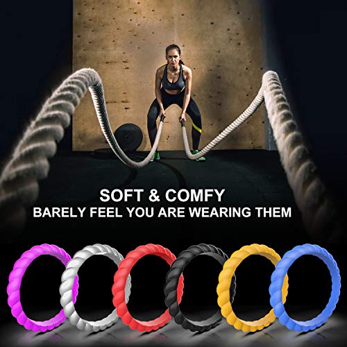 Zollen 12 Packs Silicone Wedding Rings for Women, Thin Braided Rubber Wedding Bands Stackable Ring, Hypoallergenic Silicone3