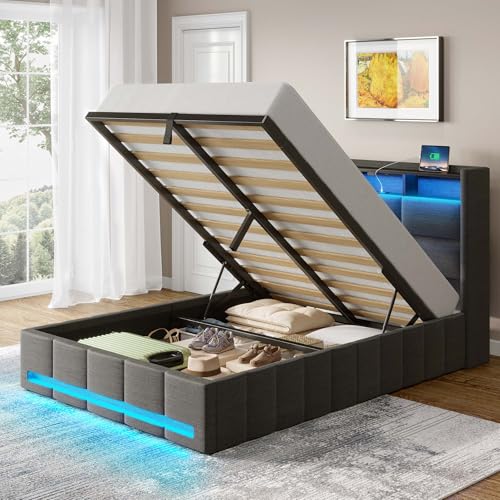 Rolanstar Bed Frame Twin Size with Lift Up Storage, Charging Station & LED Lights, Upholstered Storage Headboard, Heavy Duty Wooden Slats, No Box Spring Needed, Noise Free, Easy Assembly, Dark Grey by Rolanstar - Image 9