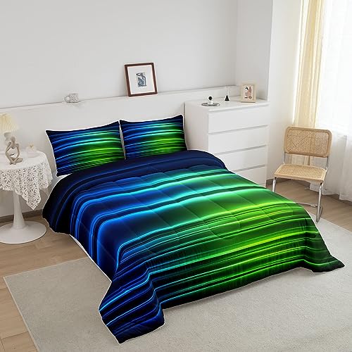 Image of Feelyou Blue Green Ombre Bedding Set King for Kids Toddler, Blue Green and Black Comforter Gradient Lines Comforter Set Geometric Abstract Ombre Duvet Set Lightweight Quilt Set