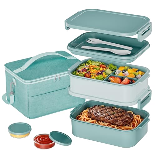 DaCool Adults Lunchbox Bento Box with Lunch Bag- 74 OZ All-in-One Stackable Lunch Box for Adults Kids Leakproof Bento Large Lunch Box Containers with Fork Spoon Sauce Box for Work School (Green) - image 1