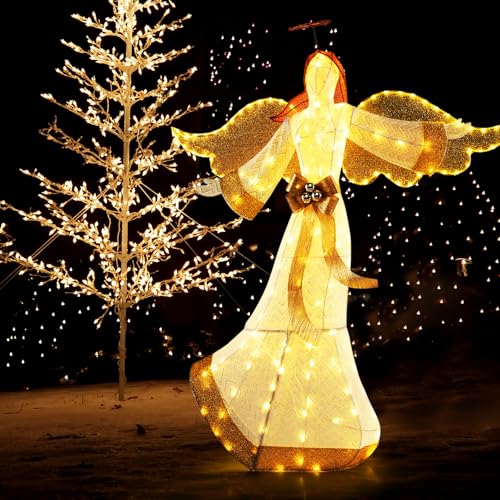GOPLUS Decoration Noel Extérieur Lumineuse, 160 CM Ange Lumineux avec Halo et Nœud, 180 Lumières LED. Attaches Zippées et Piquets de Sol, pour Salon, Cour,...