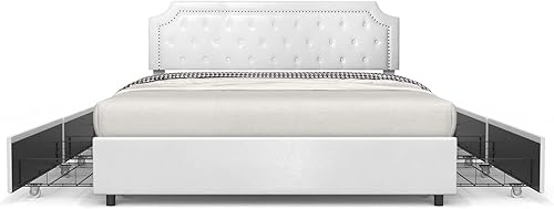 BONSOIR Marco de cama tapizado de perfil bajo con cabecera capitoné y clavos 4 cajones extraíbles piel sintética blanca tamaño King