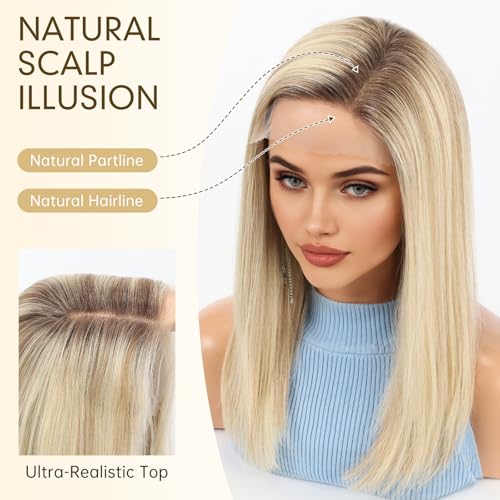 Image of KKU 100% Human Hair Wig, Lace Front Wigs Human Hair Side Part,Ombre Blonde Brown Wig Human Hair, Real Human Hair Wigs for Women(16Inch)