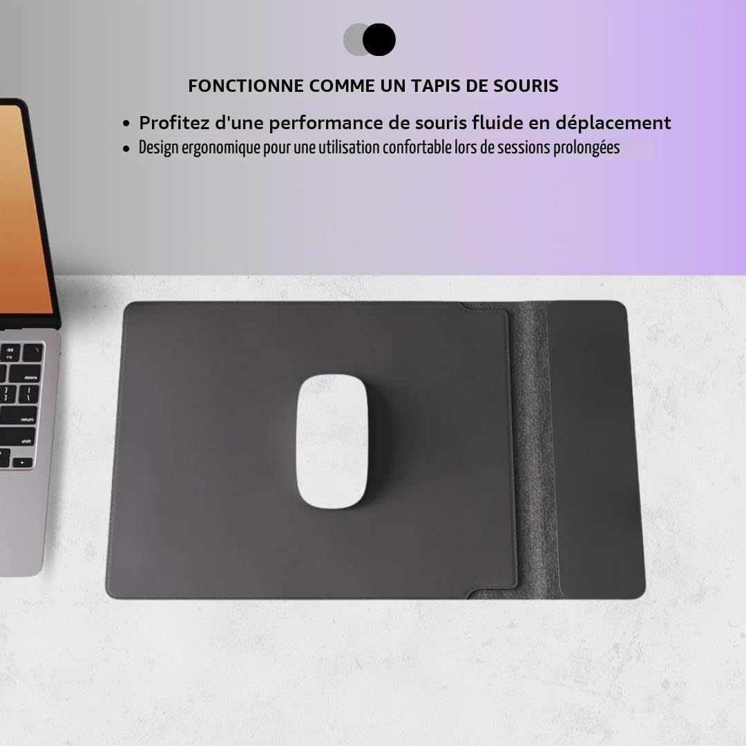 Housse pour ordinateur portable avec chargement sans fil | Housse multifonctionnelle 4-en-1 en cuir, tapis de souris et tapis de bureau | Charge rapide pour téléphones et écouteurs | Protection