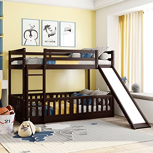 SOFTSEA Twin Over Twin Low Bunk Bed with Slide and Fence for Kids Teens