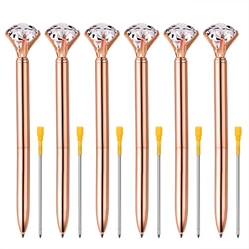 Coopay 6 Pieces Big Crystal Diamond Pens Rose Gold Pens Metal Ballpoint Pens and 6 Pieces Ballpoint Pen Refills in Black Ink for School Office