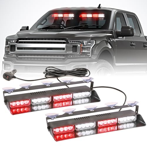 PKINGLAKE 2 in 1 LED Emergency Dash Strobe Light Bar Front/Rear Windshield Safety Flashing Warning Hazard Interior Lights for Police Firefighter Construction Vehicles Trucks (2x14 inch Red/White)