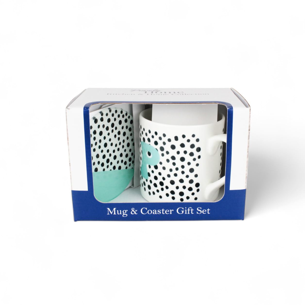 Purely Home Spotty Letter P Mug & Coaster Gift Set - Polka Dots Alphabet Initials Bone China Mug and Glass Coaster Set - Tea/Coffee Present