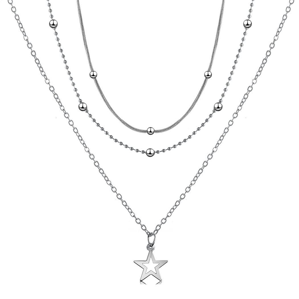 Aluinn Silver Star Layered Necklace Boho Choker Necklaces Chain Jewelry Layering for Women