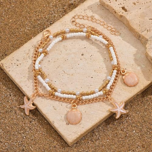 Image of Ankle Bracelets for Women Stretch Boho Pearl Bead Gold Anklets Layered Foot Chain Hawaiian Beach Conch Summer Vacation Travel Foot Jewelry, 3PCS Shell and Starfish