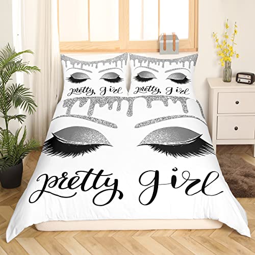 Pretty Girls Bedding Sets Double Women Gorgeous Eyelash Comforter Cover Silver White Glitter Bling Stars Sequins Decor Duvet Cover Aesthetic Room Decor,Stylish Fashion Quilt Cover 2 Pillow Cases - Image 2