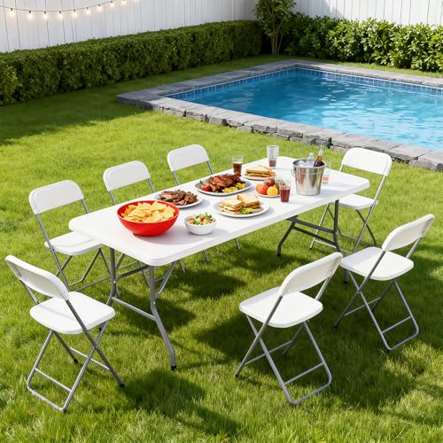 Image of BestOffice 6 FT Picnic Table, Portable Plastic Folding Table with Carrying Handle Perfect for Picnics, Parties, Party and Camping, White