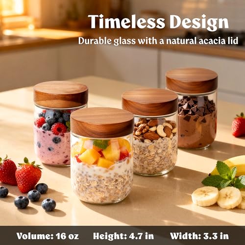 Image of Overnight Oats Containers with Lids - Glass Mason Jars, Meal Prep | Acacia Wood, Airtight Silicone Seal Set of 4 - Stackable for Chia Pudding, Yogurt, Cereal, Oatmeal, Salad, Pantry Storage
