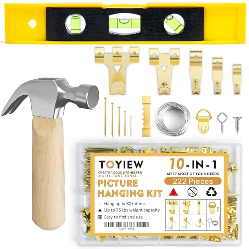 Image of Picture Hanging Kit, 224pcs Hanging Hardware with Hooks, Wire, Nails, D Rings, Photo Sawtooth Hangers, Ring Hooks, Wall Art Frame Hanging Kit with Yellow Magnetic Level and Small Claw Hammer