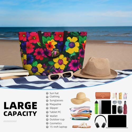 Large Capacity Beach Bag Waterproof Pool Tote for Gym Swimming Camping Carry On Bag Rainbow Flowers pattern Print2