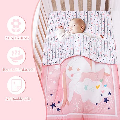 Cloele Pink Crib Bedding Set For Girls- 4 Piece Unicorns Baby Comforter Bed Set Includes Crib Skirt Quilt Fitted Sheet Toddler Pillowcase - Pink Soft Nursery Baby Bedding Set For Girls #TOP2