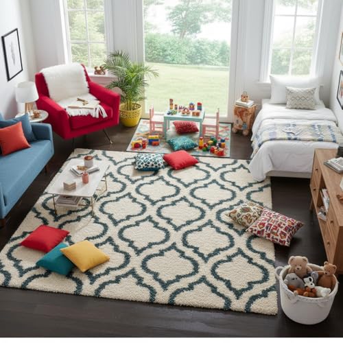 Image of Carpet for Hallway, Kitchen, and Modern InteriorsCarpetCozy Shag Runner for Living Room, Bedroom & Office Decor ETC Size 6x9 feet, Patten-Solid Ivory Blue iii