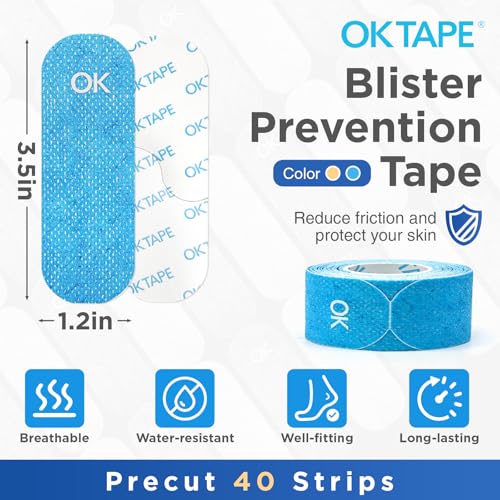Image of OK TAPE Blister Prevention Tape, 40 Pcs, Moleskin for Blisters, No-Residue Blister Bandages for Feet & Body, Heel Patches, 1.2in X 3.5in Precut Strips - Blue