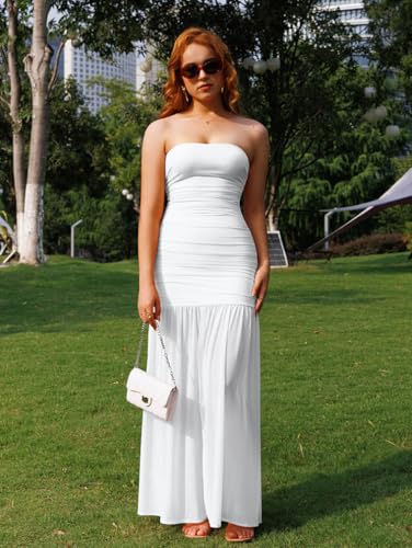 LAGSHIAN Women's Elegant Tube Mesh Maxi Dress Strapless Ruched Bodycon Formal Evening Long Dresses4