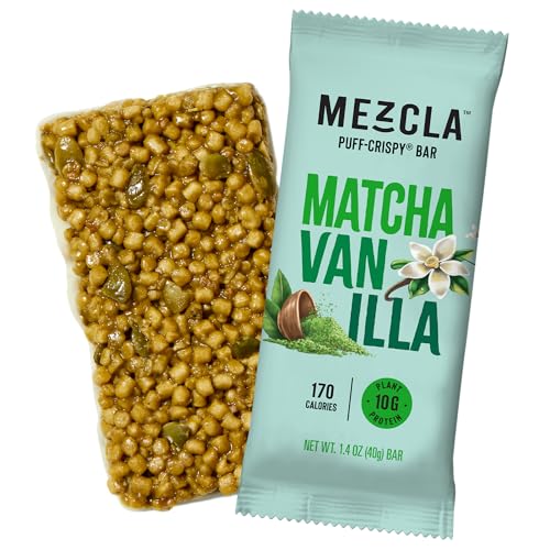 Mezcla Puff Crispy Protein Bars Gluten Free & Vegan Protein Bars 10g Protein Alt for Crispy Rice Treat Granola Bars & Breakfast Bars Healthy Snacks for Adults Matcha Vanilla 1 Count