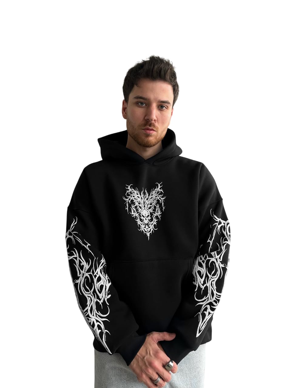 Sweat à capuche surdimensionné motif tête de mort tribale - Noir