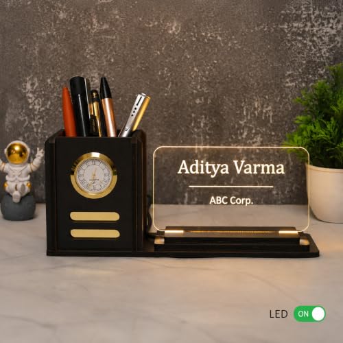 Image of Deskart Customized LED Name Plate Pen Stand with Clock for Office Desk | Wooden MDF Desk Organizer with Warm LED Acrylic Name Plate with Adapter