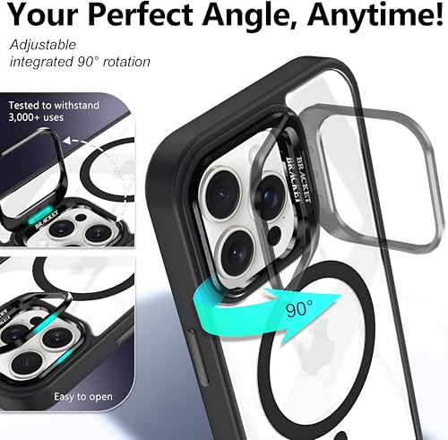 Image of Dsynk Gear Case Compatible with iPhone 15 Pro, Black | Magnetic Compatible with MagSafe | Built-in Stand & Camera Lens Protector | Anti-Yellowing & Scratch-Resistant Crystal Clear Back Cover