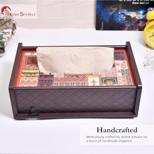 Image of Home Sparkle Tissue Paper Box Holder for Car, Home Decor, Gifting & Office Desk - Rectangular MDF with Elegant Vinyl Print Design - Brown Finish (C7V44)