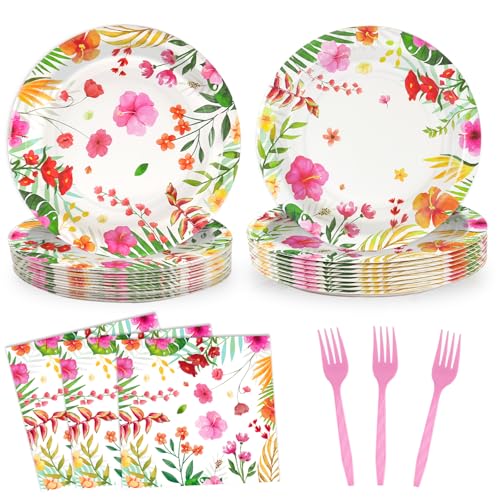 72 Pcs Tropical Luau Party Tableware Supplies 9 Inch Aloha Hawaiian Disposable Dinnerware Paper Plates with Napkins and Disposable Plastic Forks for Hawaiian Tropical Summer BBQs Birthday Supplies