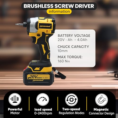 Image of TOMAHAWK T-082-BSD Brushless Cordless Screwdriver /Impact Driver - 2 Battery with 20V, 4.0Ah, 160 Nm, 2400 RPM 10Mm Chuck capacity 2 Speed Mode | Heavy Duty & Durable Build