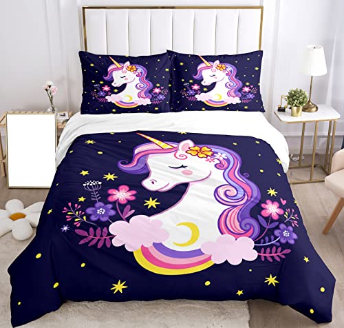 Parure de lit Licorne Parure de lit pour Enfant Motif Licorne imprimé en 3D Housse de Couette en Microfibre Douce avec 2 taies d'oreiller 50 x 75 cm pour Filles.(Violet,200*200cm) Cover