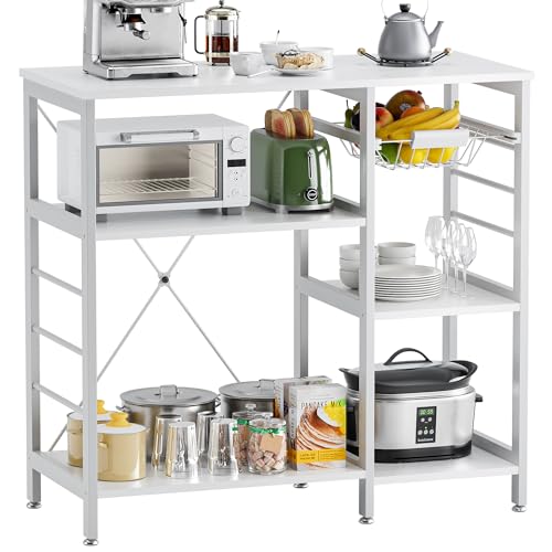 Scaffale da cucina, supporto per forno a microonde con struttura in bambù, barra da caffè da 90 cm con cestino in filo e 6 ganci per cucina, soggiorno, ufficio, Bianco