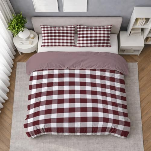 Funda nórdica de Cama 90 – 100% Microfibra Lavada Reforzada – diseño Cuadros Vichy Clásico, Juego de Cama Rojo Vino con Cremallera, 1 Suave Funda Edredón + 1 Funda Almohada