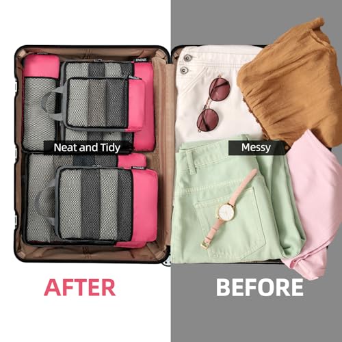 Image of BAGAIL 4 Set /6 Set /8 Set Compression Packing Cubes Travel Accessories Expandable Packing Organizers (Half Mesh, 6-Coral)
