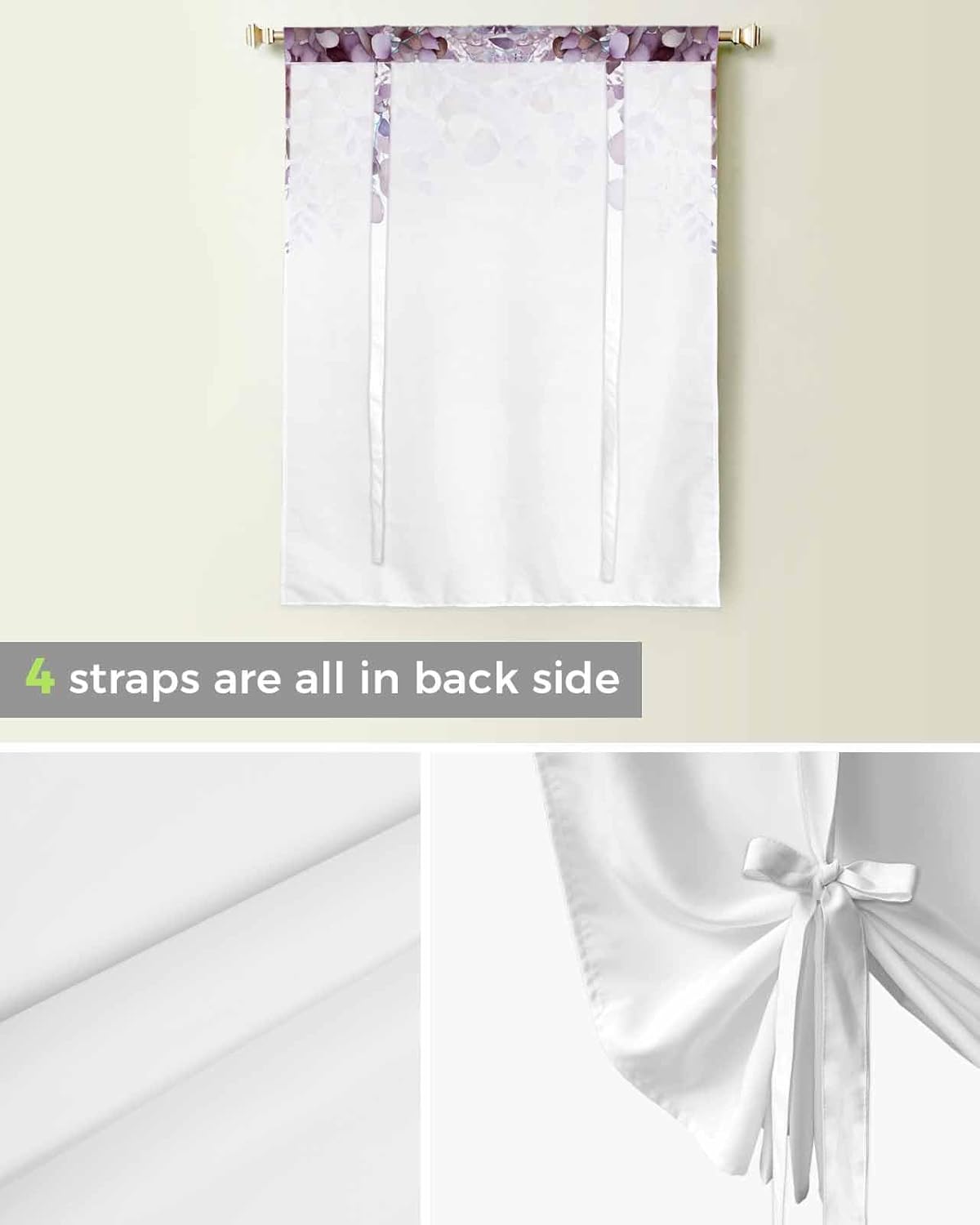 Yukro Tie Up Curtains Window Shades, Spring Watercolor Purple Eucalyptus Leaves Rod Pocket Tie Up Window Shade, Adjustable Balloon Curtain Shade for Blinds Kitchen Bathroom, 1 Panel, 52"x63"