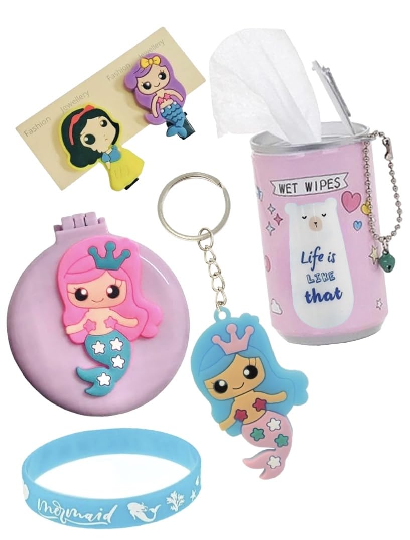 le delite Mermaid Theme Party Return Gift For Kids|Combo Pack Of 4 Items- Mermaid Hair Brush With Mirror + Wet Wipes Tissue Can + Mermaid Doll Candy Hairclips + Cute Stylish Keychain|Multicolor (B0B156BTNB) Amazon Price History, Amazon Price Tracker